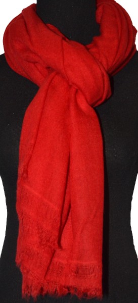 Empar is wearing a full size Sagarmatha shawl Jester Red  (#sfr-242), ragged finish